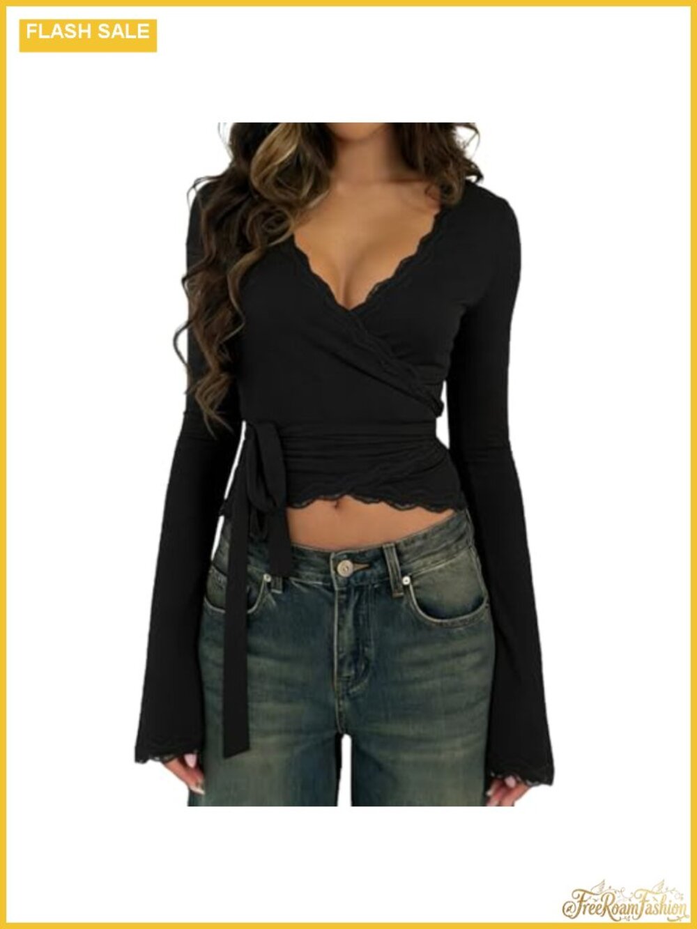 Y2K Sheer Mesh Crop Top Long Sleeve Deep V Neck Cross Wrap Blouse